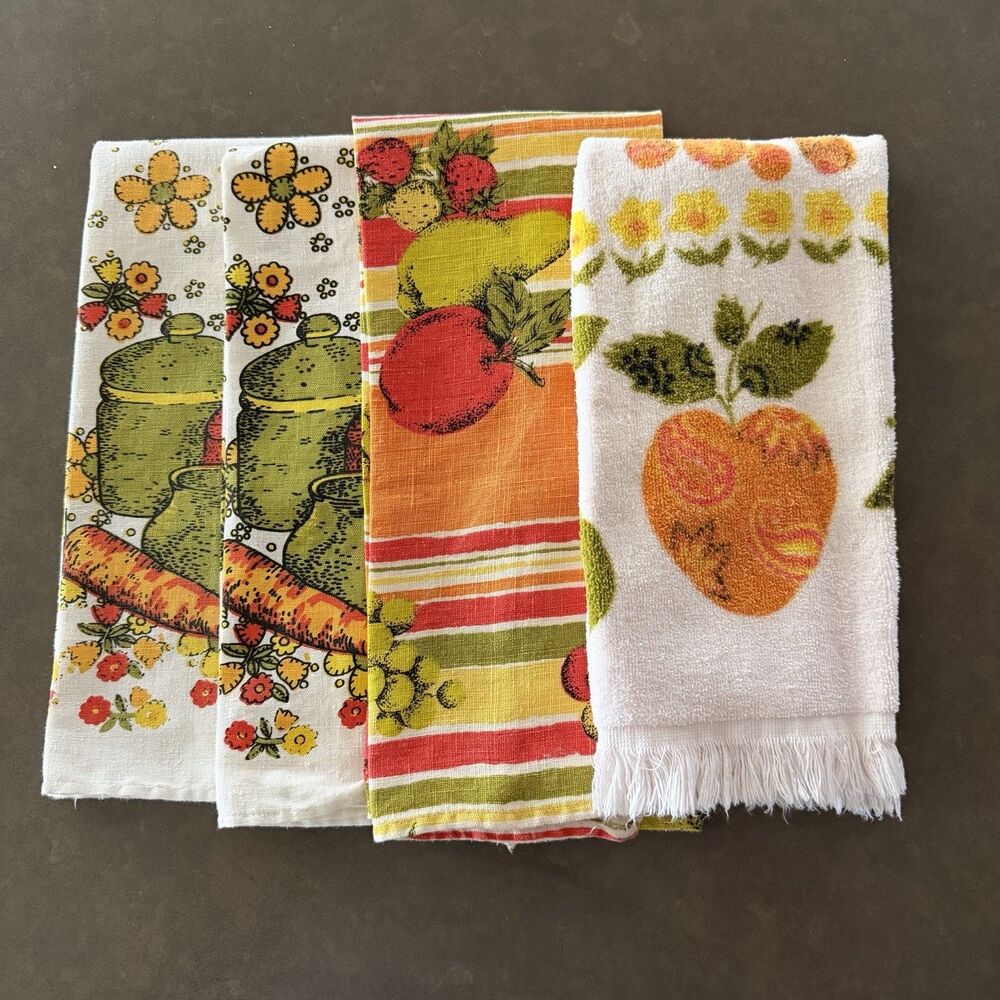 4 Vtg Colorful 70's Style Kitchen Tea Towels Retro Mod Flower Fruit Kitsch MCM